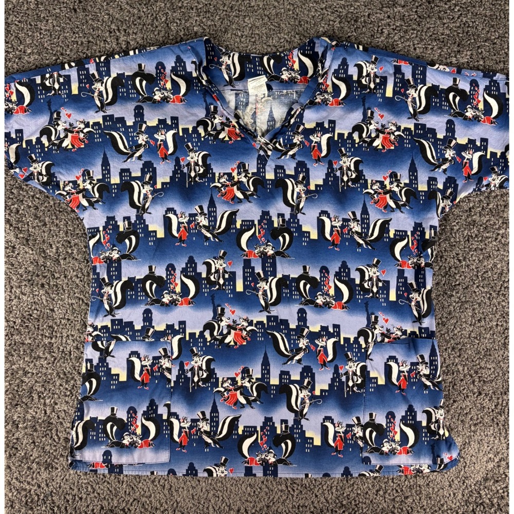 Vintage 90s Looney Tunes Pepe Le Pew NYC City Scrub Top Blue XX-Large T910-NYCX